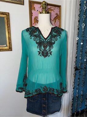 vintage y2k Silk Sheer Teal Embroidered V-Neck Blouse